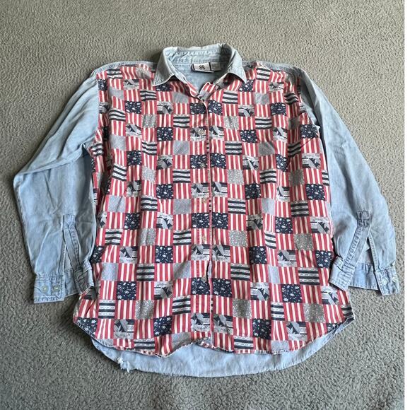 bill blass Other - Vintage Bill Blass Button Shirt Large America Long Sleeve Blue Red Western Rodeo